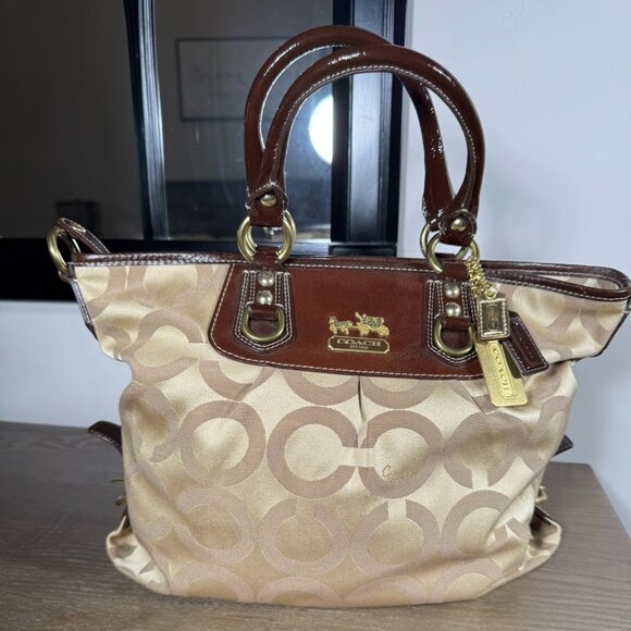 Coach Julianne Signature C Op Art Tote Satchel — Khaki/Gold - Picture 1 of 13